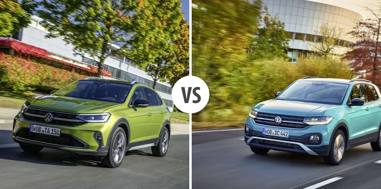 Due Volkswagen Nivus, una verde e una blu, si sfidano su strada.