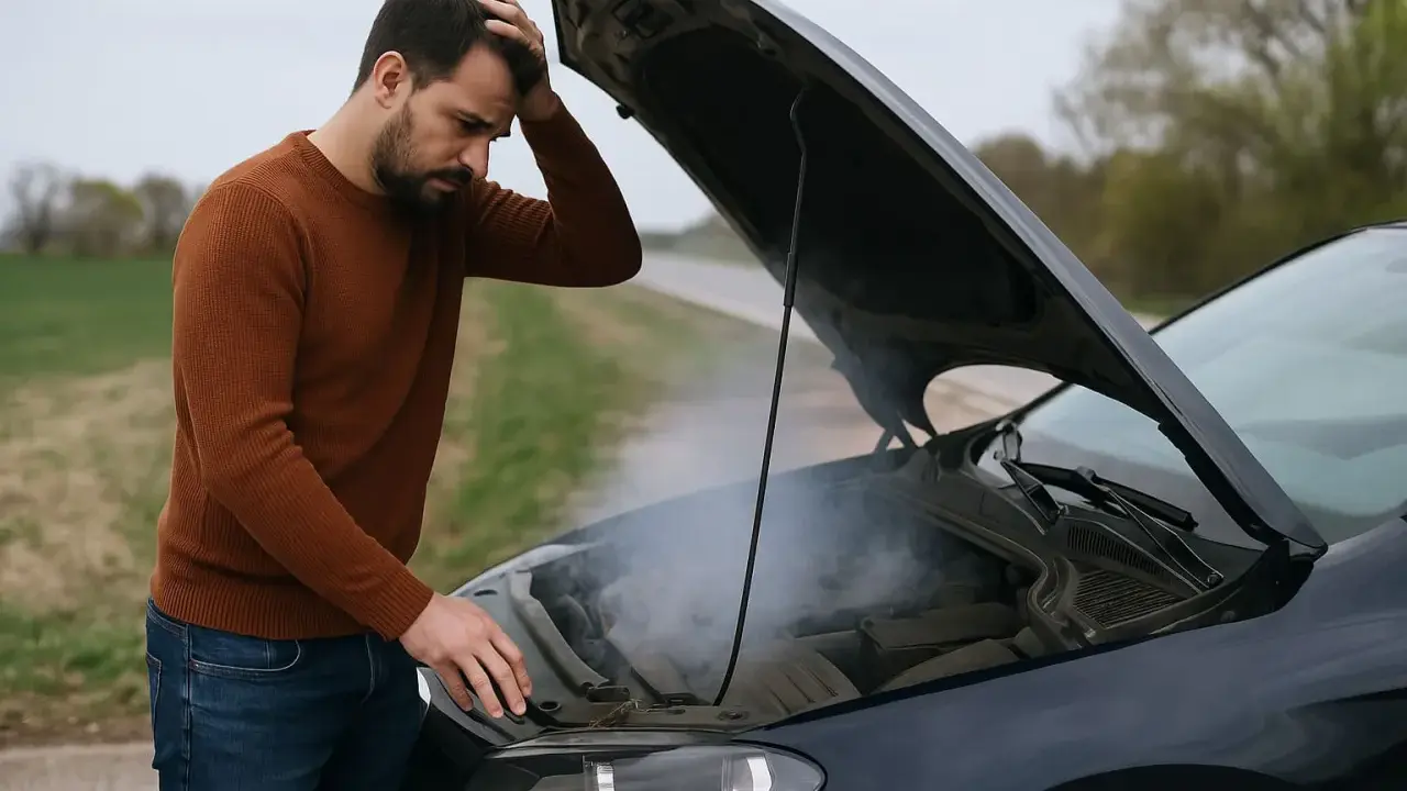 Uomo preoccupato guarda il fumo uscire dal cofano aperto, la vaschetta radiatore si svuota.