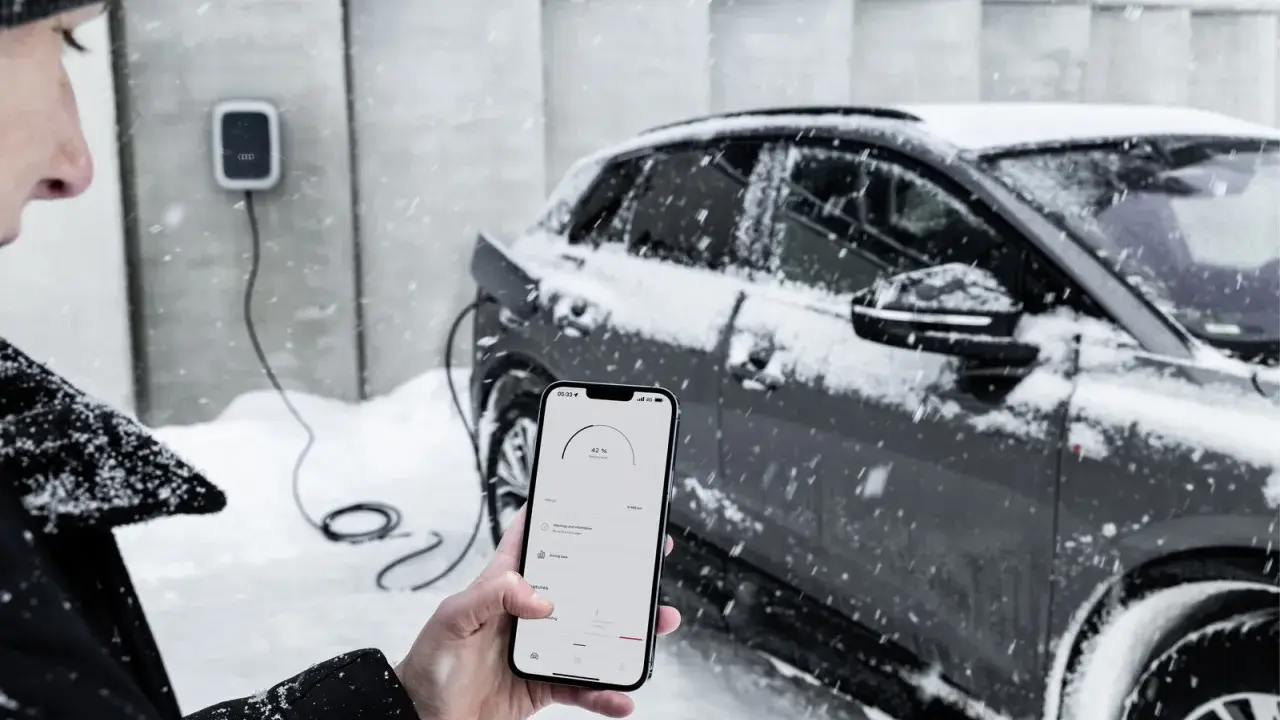 Persona controlla la carica di auto elettriche con lo smartphone, mentre nevica. Il freddo non ferma la tecnologia.