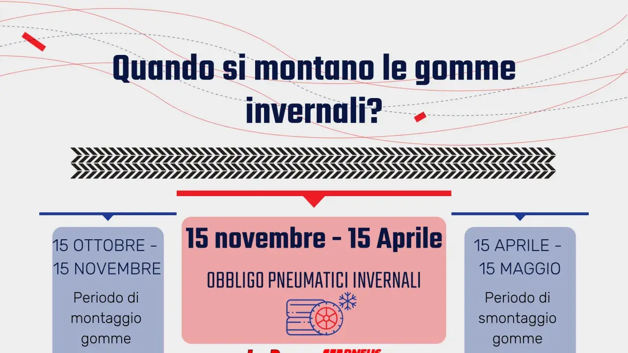 Periodo di montaggio gomme invernali: dal 15 ottobre al 15 novembre. Obbligo pneumatici invernali dal 15 novembre al 15 aprile.