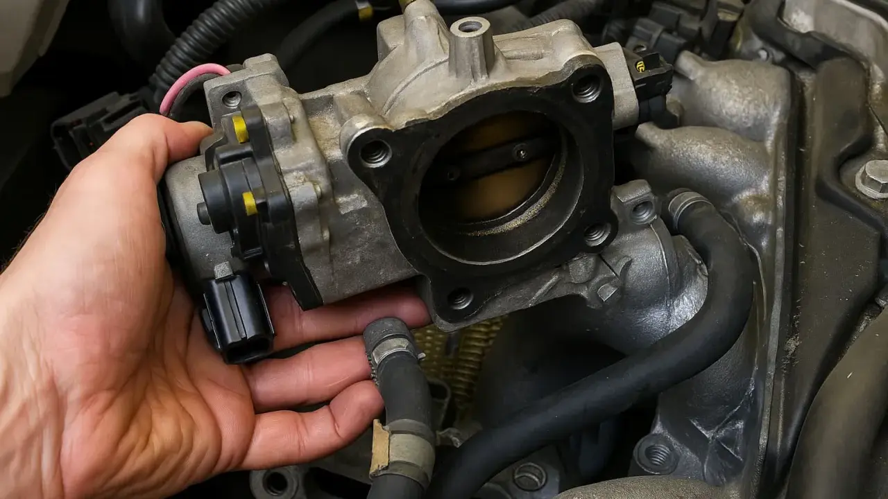 Mano che tiene il corpo farfallato, componente essenziale per il controllo del motore.