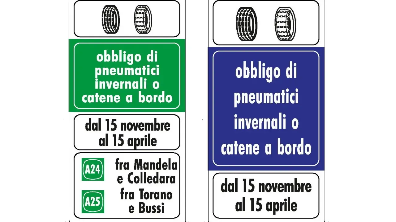 Segnali stradali indicano l'obbligo gomme invernali o catene a bordo dal 15 novembre al 15 aprile.