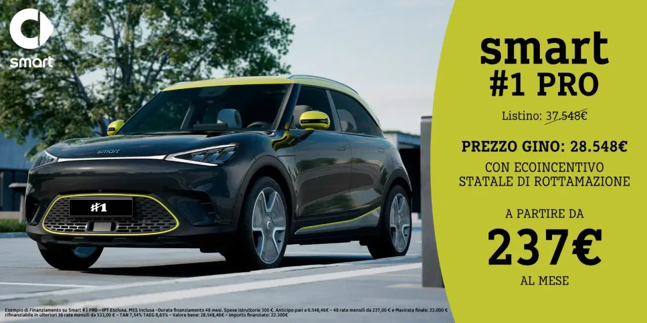 La nuova smart #1 PRO, un SUV elettrico grigio con dettagli gialli, in offerta a partire da 237€ al mese.