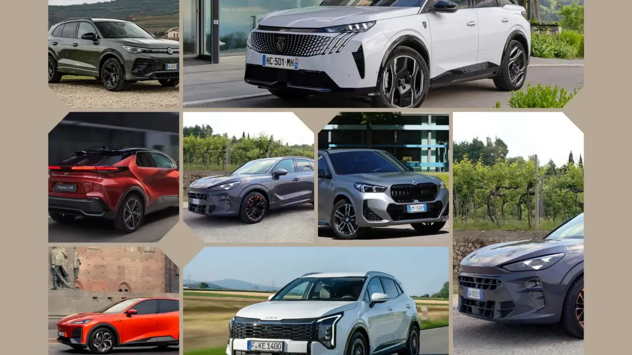 Vari SUV sportivi in diverse ambientazioni: un'auto grigia su sterrato, una bianca davanti a un edificio moderno, una rossa vista da dietro, una grigio scuro con dettagli arancioni, una grigio argento, un'arancione vicino a un muro di mattoni e una bia...