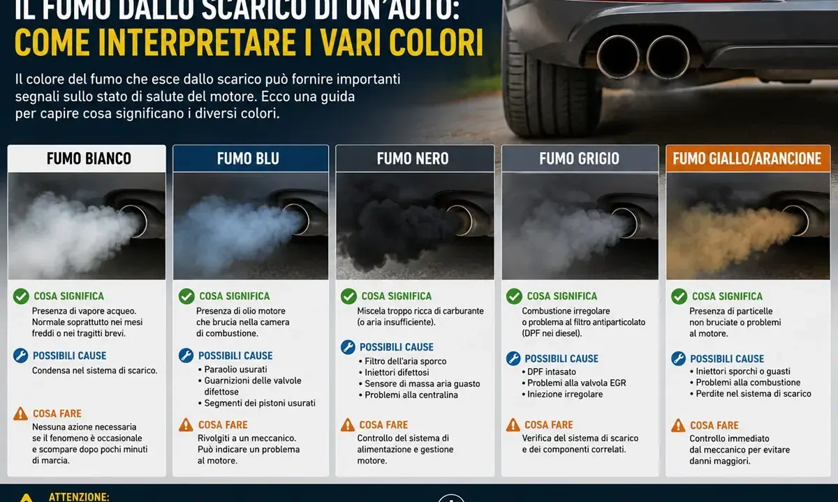 Fumo bianco dalla marmitta diesel: vapore acqueo, normale a freddo. Se persistente, consulta un meccanico.