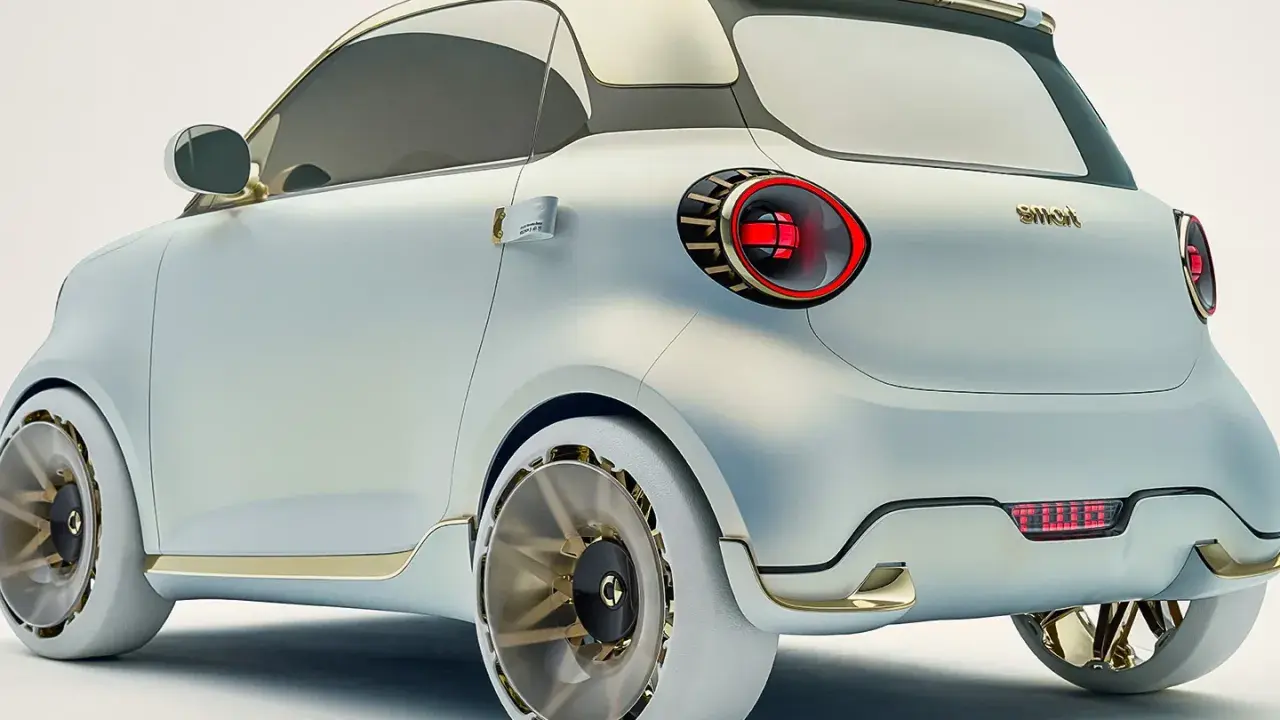 Concept car smart #2, con design futuristico e dettagli dorati. Le luci posteriori a LED rosse e i cerchi aerodinamici catturano l'attenzione.