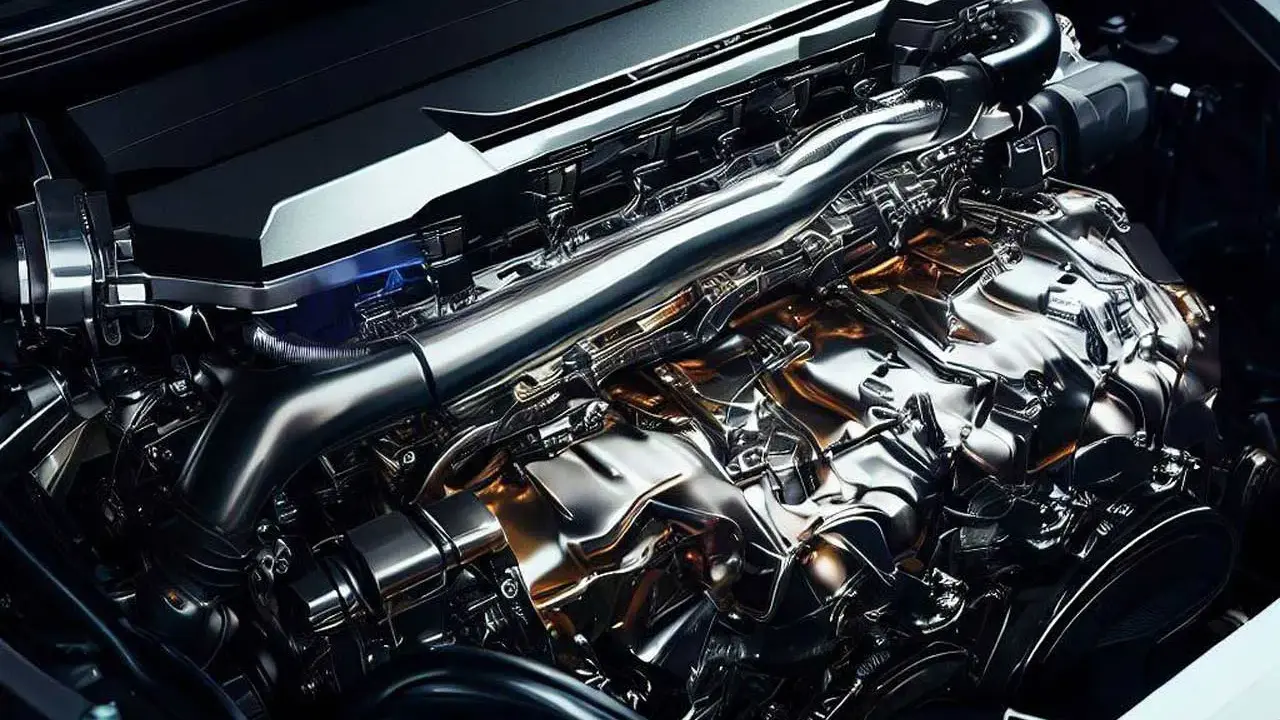 Motore lucido e complesso, con tubi cromati e dettagli dorati. Potrebbe indicare un problema di consumo eccessivo olio motore.