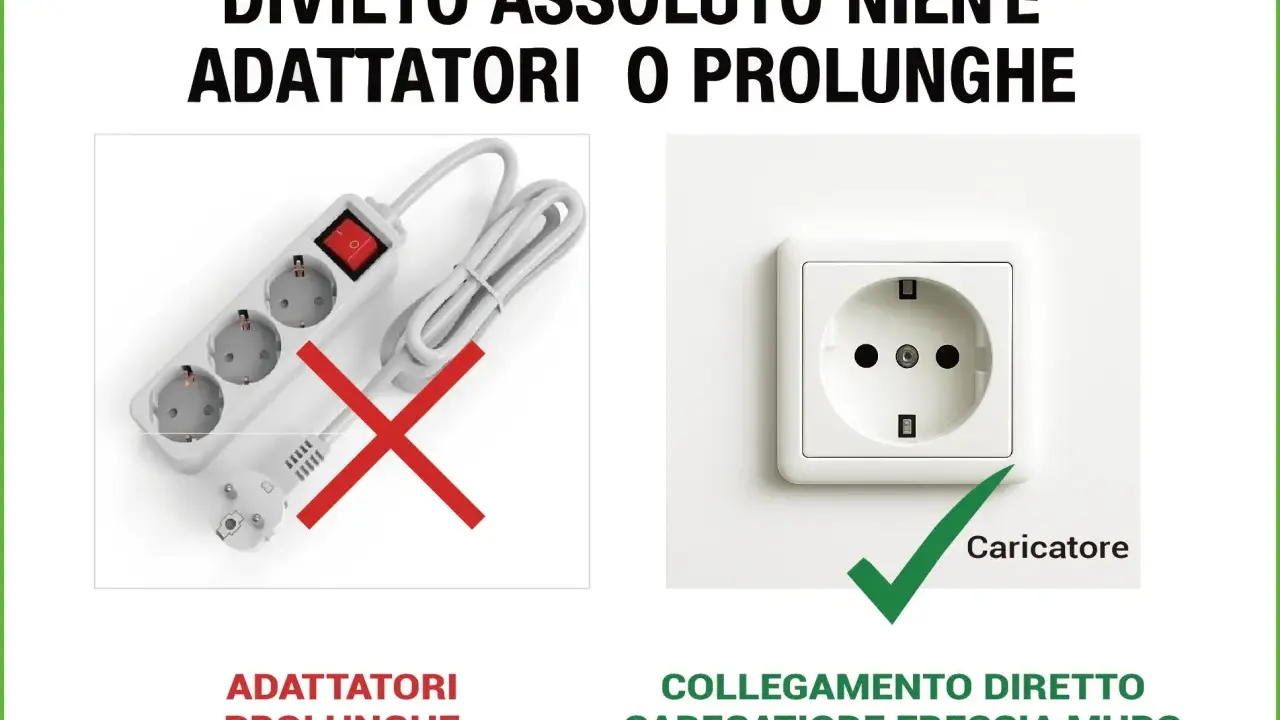 Divieto di usare adattatori o prolunghe per la ricarica per auto elettriche. Collegamento diretto alla presa a muro.