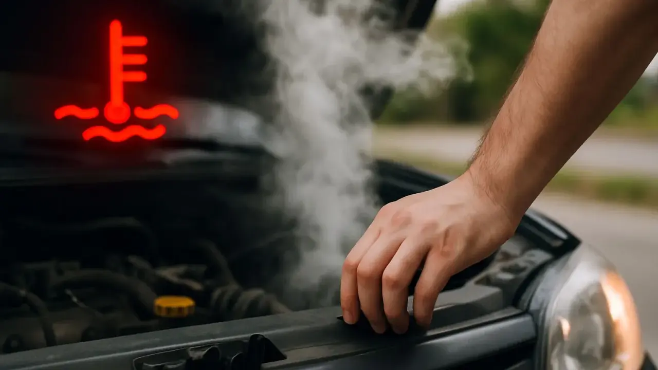 Spia candelette accesa, fumo dal motore e mano sul cofano. L'auto si surriscalda.