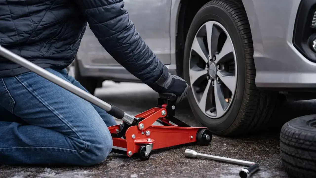 Persona che usa un cric rosso per sollevare un'auto, mostrando dove mettere il cric sotto la macchina per cambiare una gomma.