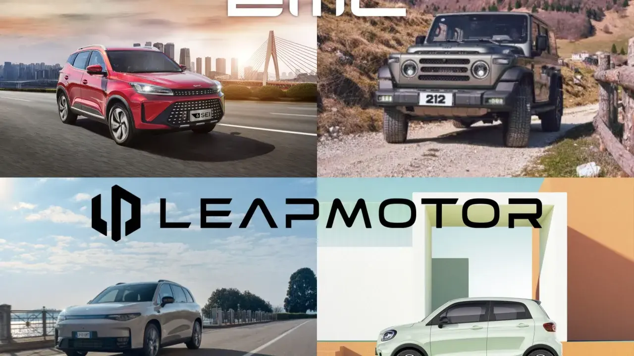 Un SUV rosso e una jeep cinese 212 in un collage di auto, con loghi EMC e Leapmotor.