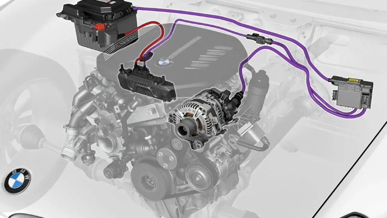Schema di un sistema mild hybrid BMW: batteria, alternatore e centralina. Valuta i mild hybrid vantaggi e svantaggi per un'auto più efficiente.