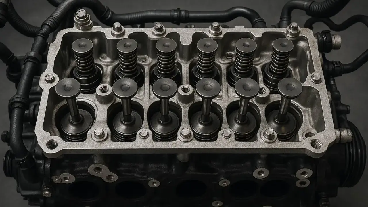 Dettaglio di un motore con punterie e valvole in primo piano. Componenti meccanici essenziali per il funzionamento del motore.