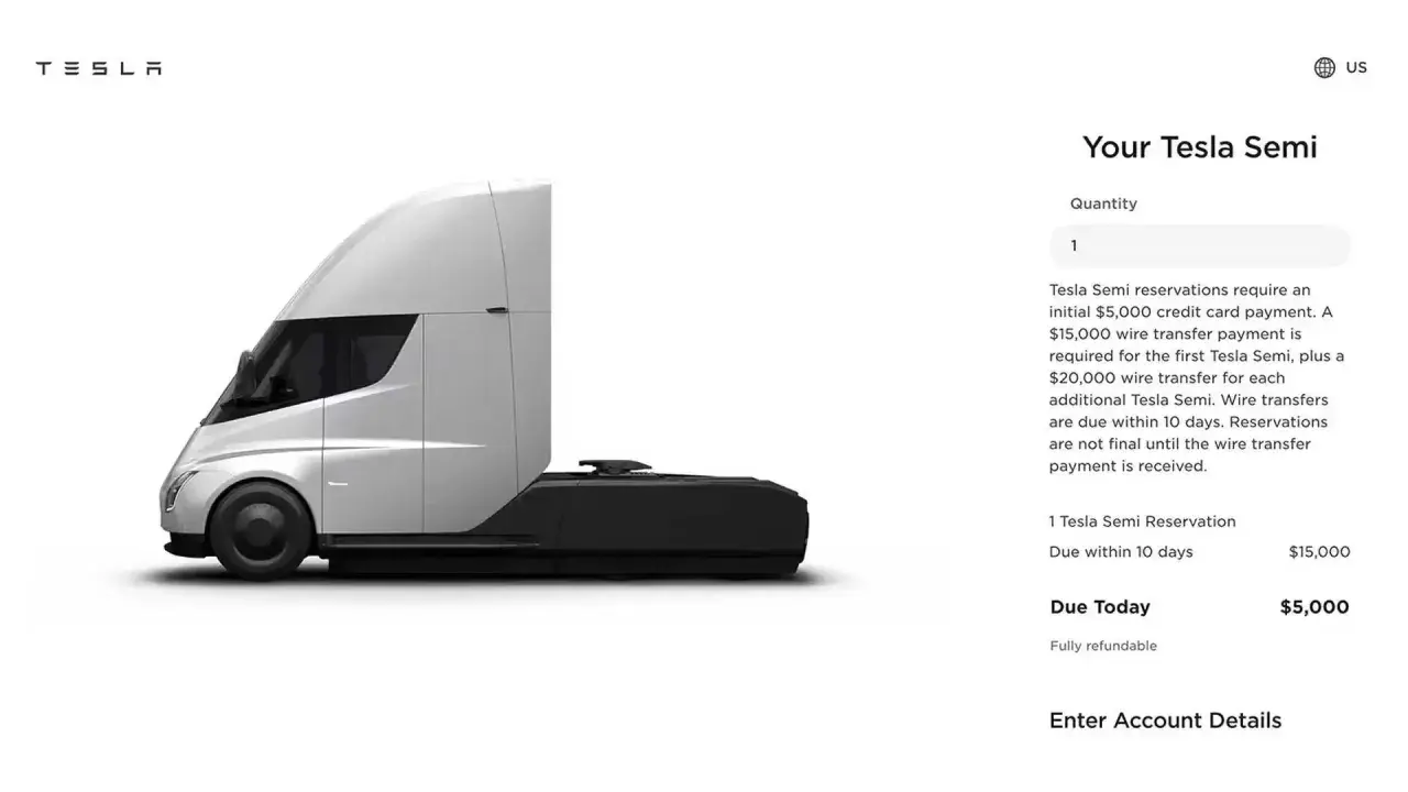 Il camion Tesla Semi, con un deposito iniziale di $5.000, mostra il prezzo e i dettagli di prenotazione.