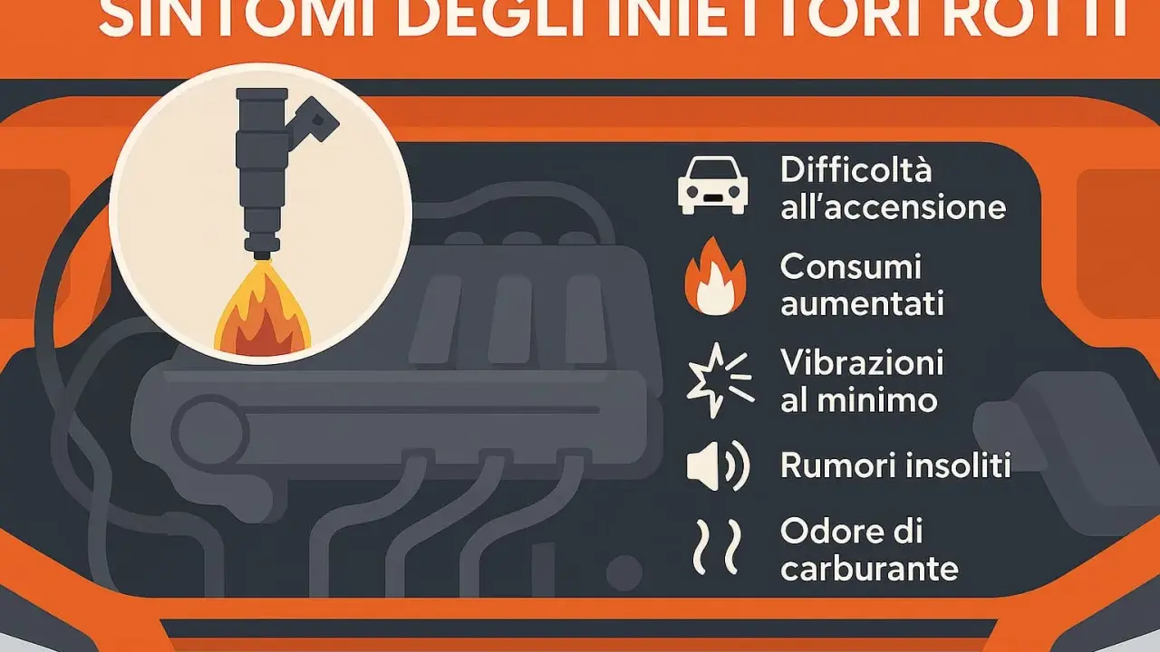 Sintomi di iniettori sporchi: difficoltà all'accensione, consumi aumentati, vibrazioni, rumori e odore di carburante.