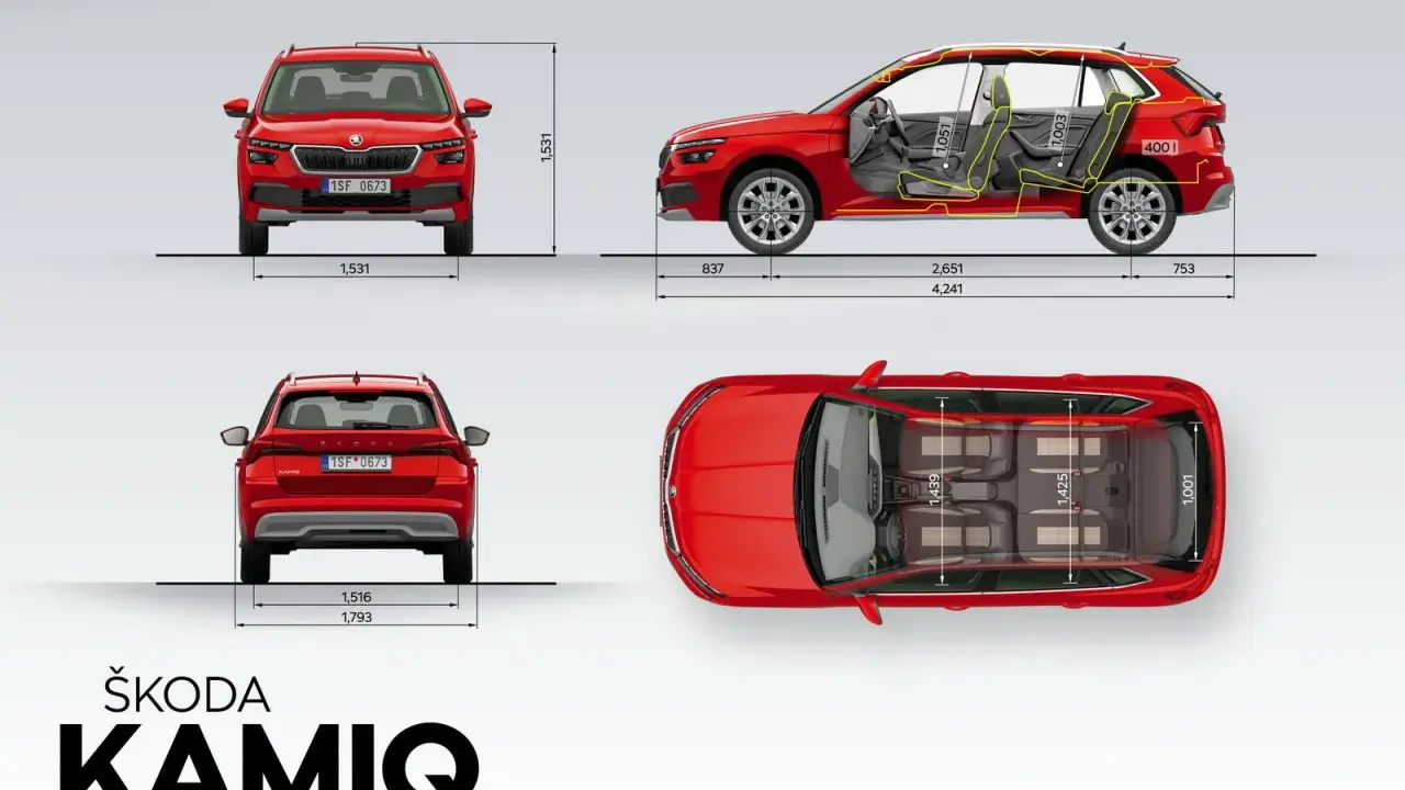 Skoda Kamiq dimensioni: vista frontale, laterale e dall'alto con misure in mm. Un SUV compatto e spazioso.