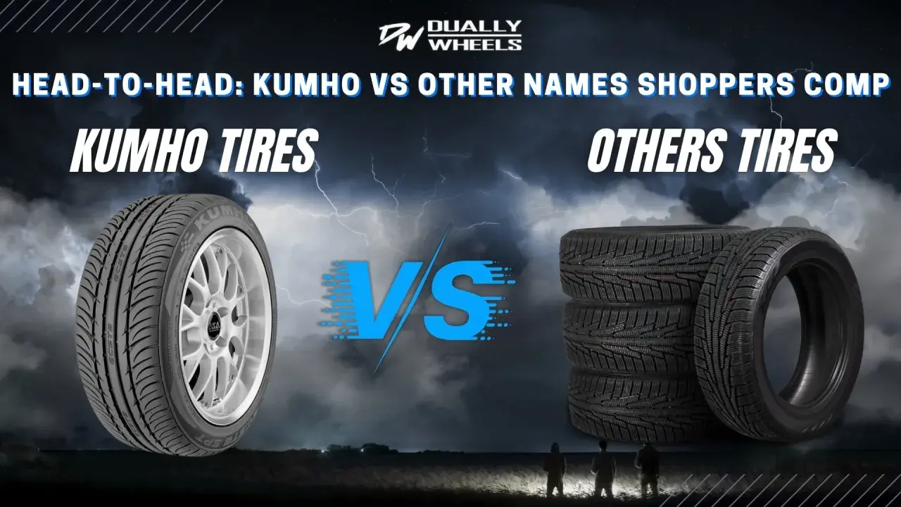 Kumho tire on a silver rim vs. a stack of other tires, with a stormy sky background.