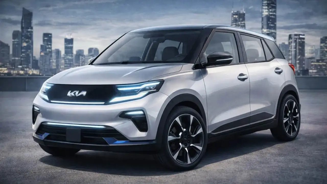 La Kia EV1, un'auto elettrica dal design futuristico, si staglia contro uno skyline urbano al tramonto.