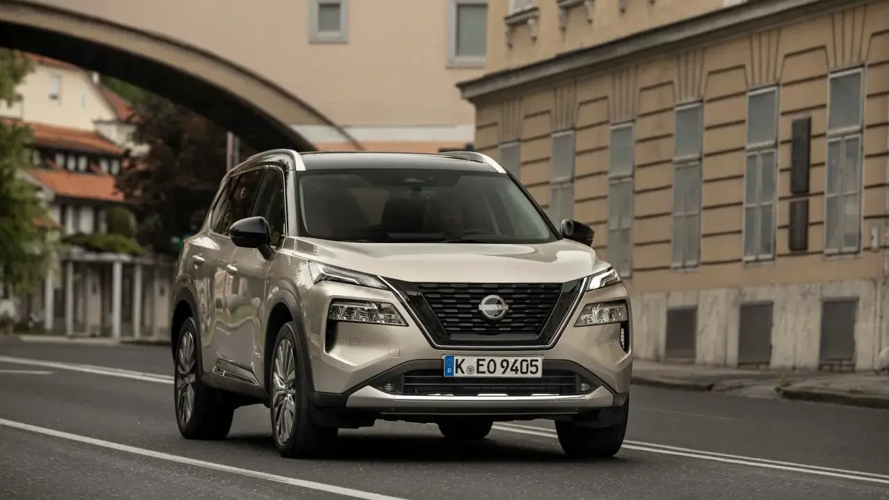 Nissan X-Trail full hybrid beige, in corsa su strada urbana con edifici storici sullo sfondo.