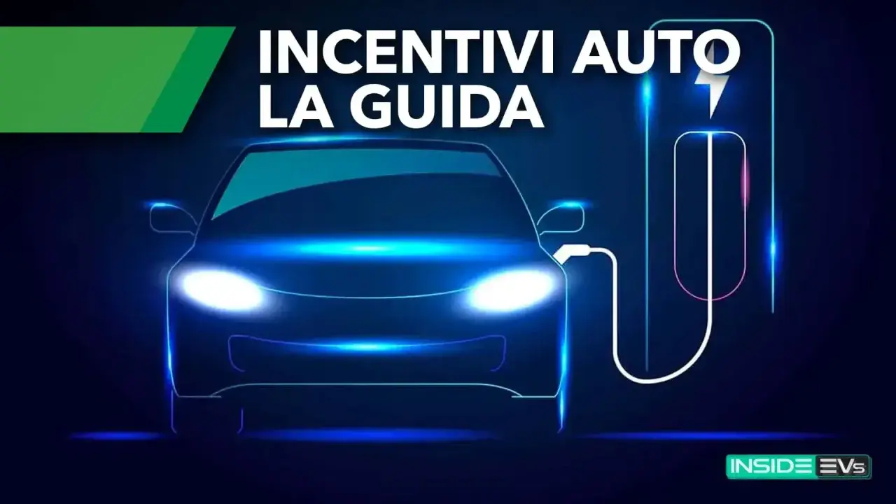 Auto elettrica in ricarica, con testo "Incentivi Auto La Guida". Scopri come ottenere i tuoi incentivi auto elettrica.