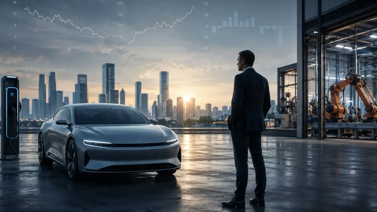 Uomo in giacca guarda un'auto elettrica e grafici finanziari, simbolo del futuro automotive.