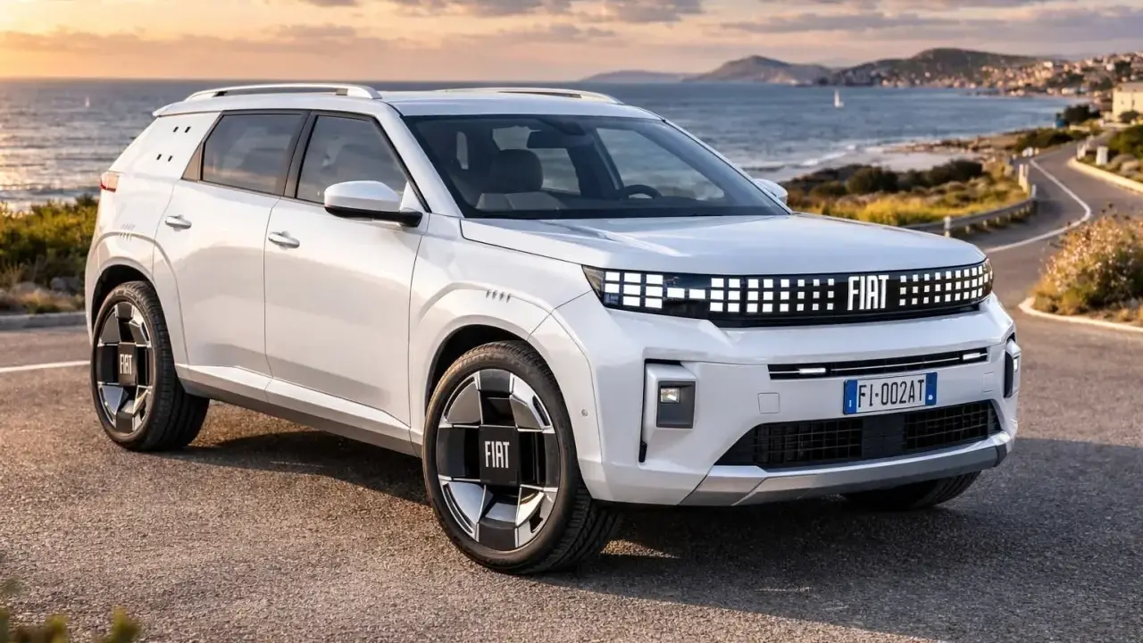 Un'imponente Fiat, quasi un giga panda, sfreccia su una strada costiera al tramonto.