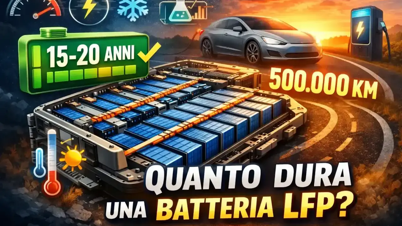 Batteria LFP: 15-20 anni, 500.000 km. Un'auto elettrica in carica con un pacco batterie LFP in primo piano.