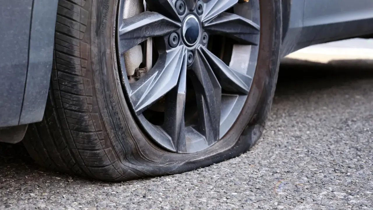 Gomma bucata dell'auto, sgonfia e appoggiata sull'asfalto. Un inconveniente che ferma ogni viaggio.