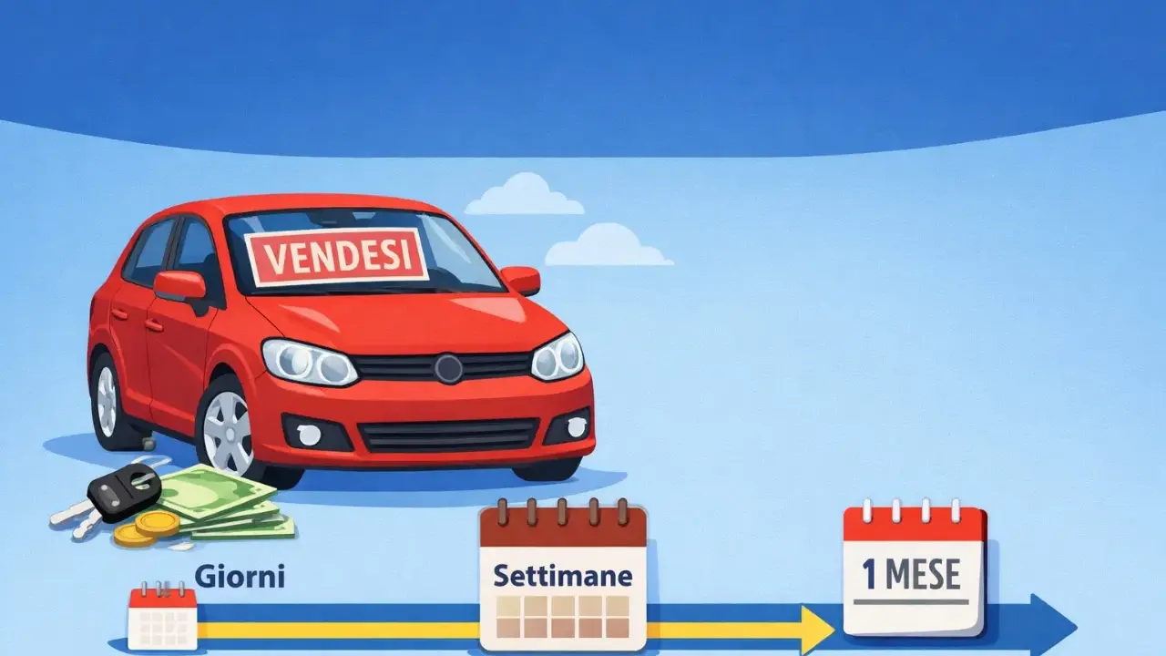 Un'auto rossa con "Vendesi" sul parabrezza, chiavi, soldi e un percorso temporale che va da "Giorni" a "Settimane" fino a "1 Mese". Autobiz semplifica la vendita.