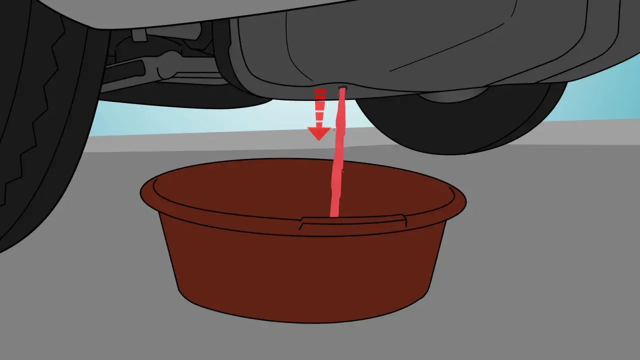 Liquido rosso scende dal serbatoio dell'auto in una bacinella. Illustrazione su come svuotare serbatoio auto.