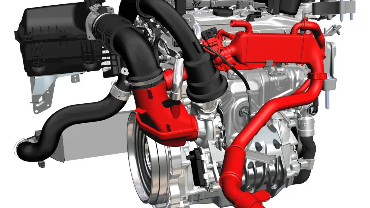 Motore Mercedes Classe A con turbocompressore e sistema di raffreddamento rossi.