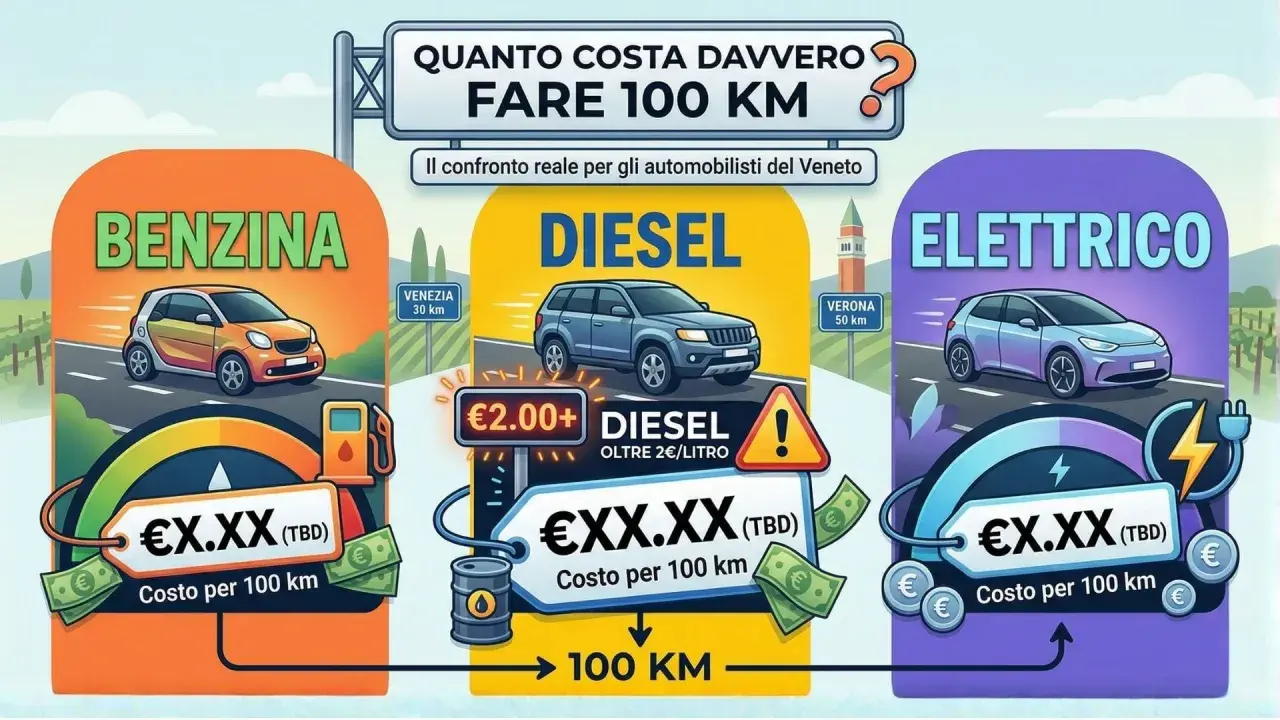 Confronto costi per 100 km: benzina, diesel e auto elettrica. Il consumo auto elettrica è in evidenza.
