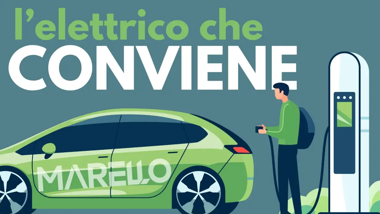 Un uomo con zaino collega un veicolo elettrico verde a una colonnina di ricarica. Il testo "l'elettrico che CONVIENE" è in primo piano.