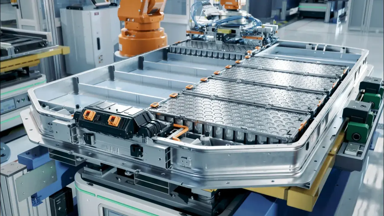 Assemblaggio di batterie del futuro in una fabbrica automatizzata. Un robot industriale lavora su un pacco batterie per veicoli elettrici.