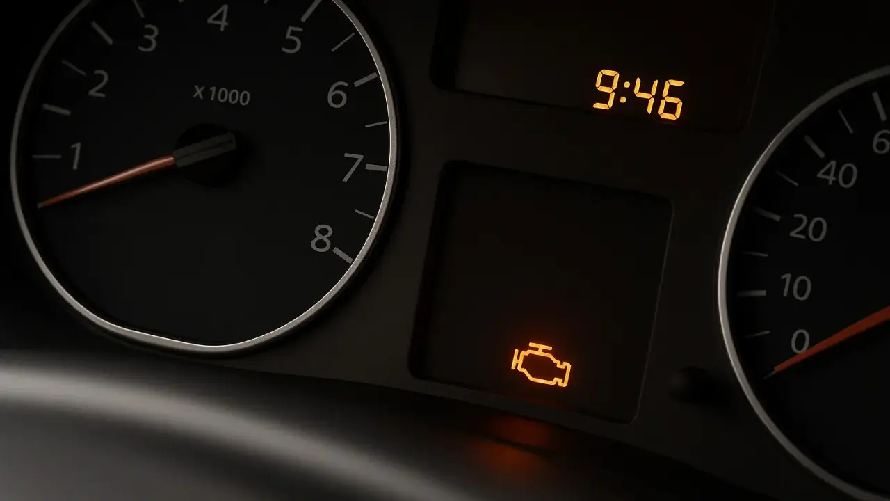 Cruscotto auto con spia motore rossa accesa ma la macchina va bene. L'ora segna 9:46.