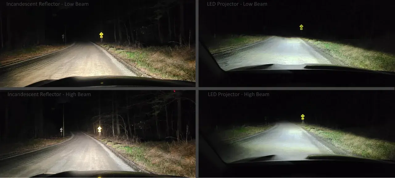 Confronto fari auto: incandescenza vs LED su strada buia. I fendinebbia LED illuminano meglio.