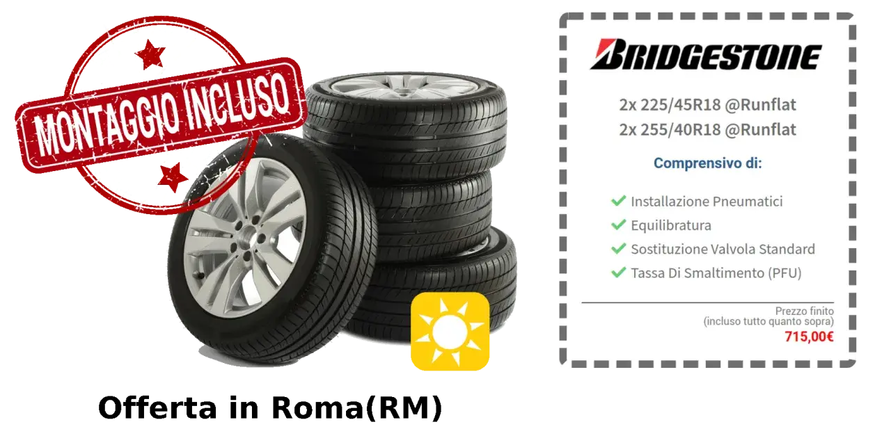Offerta Bridgestone: 4 gomme Runflat, montaggio, equilibratura e smaltimento inclusi. Il costo cambio gomme è 715,00€.