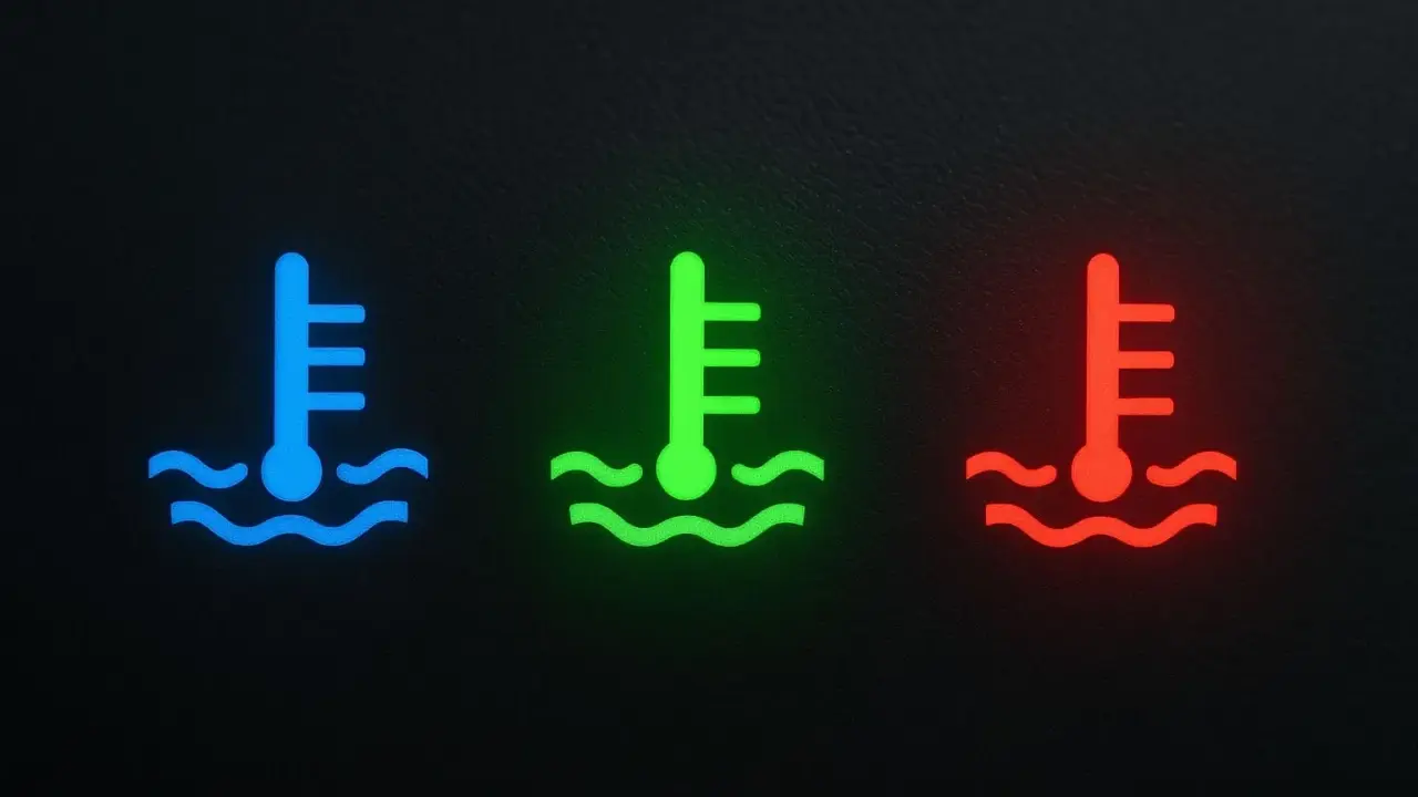 Tre spie luminose su sfondo scuro: blu, verde e rossa, indicano la spia temperatura olio.