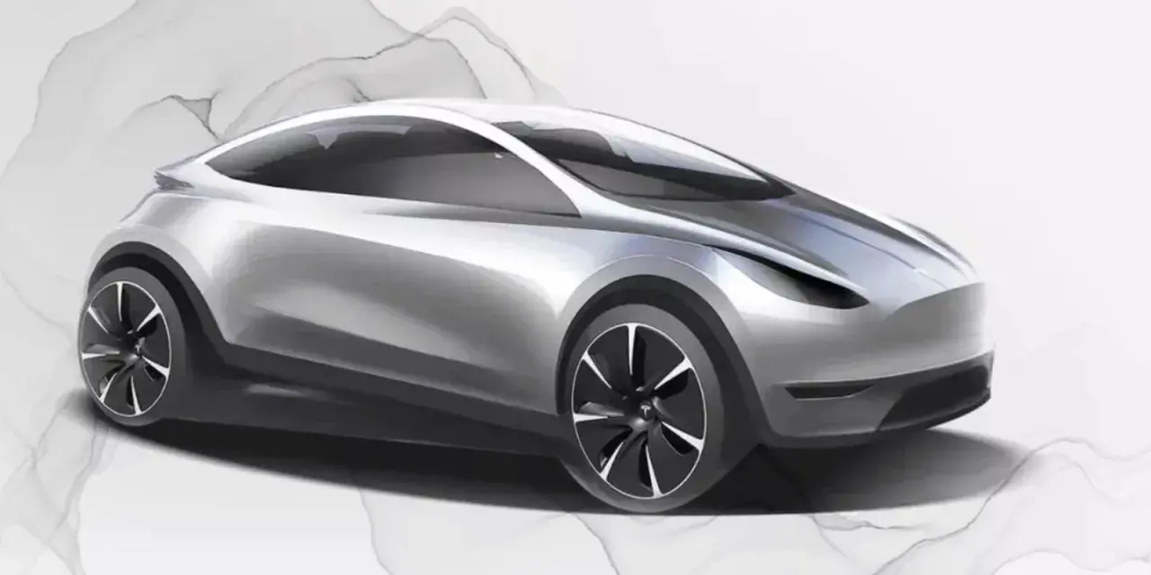 Schizzo di un'auto elettrica compatta, forse la futura Tesla Model 2, con linee aerodinamiche e ruote dal design moderno.