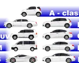 Illustrazione di vari segmenti auto: city car, berline, SUV, monovolume e sportive, divise per classi (A-F).