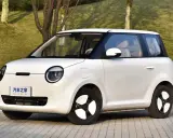 Auto elettrica piccola 4 posti, bianca, con tetto nero, parcheggiata su un vialetto pavimentato con alberi sullo sfondo.