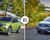 Due Volkswagen Nivus, una verde e una blu, si sfidano su strada.