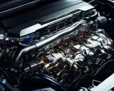 Motore lucido e complesso, con tubi cromati e dettagli dorati. Potrebbe indicare un problema di consumo eccessivo olio motore.