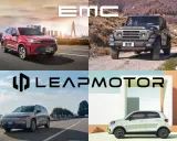 Un SUV rosso e una jeep cinese 212 in un collage di auto, con loghi EMC e Leapmotor.