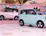 Due Geely Panda rosa e azzurra, circondate da palloncini e peluche di panda, in un allestimento a tema.