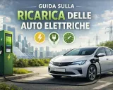 Guida alla ricarica delle auto elettriche: una stazione di ricarica verde, pannelli solari e un'auto bianca in carica, con la città sullo sfondo. Le auto elettriche 2026 sono il futuro.
