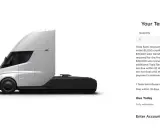 Il camion Tesla Semi, con un deposito iniziale di $5.000, mostra il prezzo e i dettagli di prenotazione.