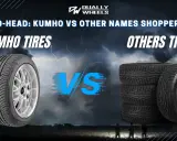 Kumho tire on a silver rim vs. a stack of other tires, with a stormy sky background.