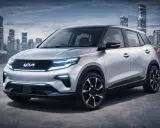 La Kia EV1, un'auto elettrica dal design futuristico, si staglia contro uno skyline urbano al tramonto.