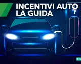 Auto elettrica in ricarica, con testo "Incentivi Auto La Guida". Scopri come ottenere i tuoi incentivi auto elettrica.